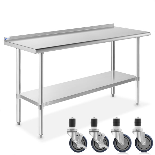 Stainless Steel Prep Tables w/ Backsplash, Undershelf & Casters, NSF Certified